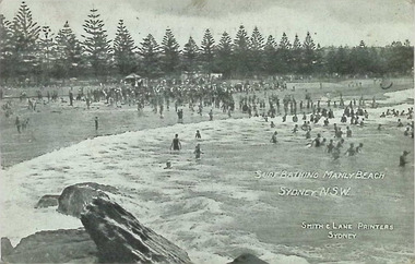Postcard. Black and white photograph of surfbathing, Manly Beach, Sydney, N.S.W.