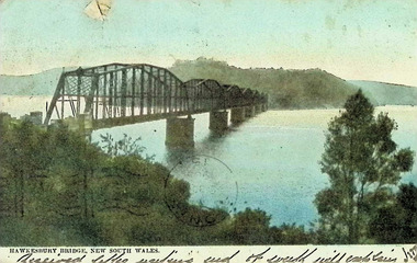 Postcard. Coloured photograph of Hawkesbury Bridge, New South Wales