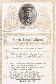 Memorial Card and Photo of grave, "In Loving Memory of  Private James Maffesoni "
