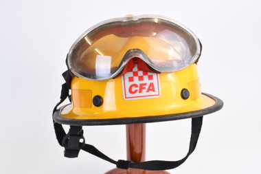 Yellow CFA Fire Fighter's Helmet with goggles, Circa 2000
