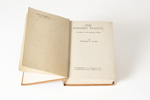 This is a small sized book in a solid orange colour hardback. There is text in gold on the front and spine that reads: Wilfred C. Busse / The Golden Plague / 