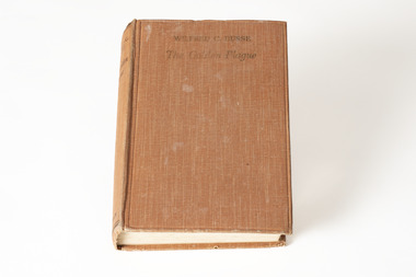 This is a small sized book in a solid orange colour hardback. There is text in gold on the front and spine that reads: Wilfred C. Busse / The Golden Plague / 