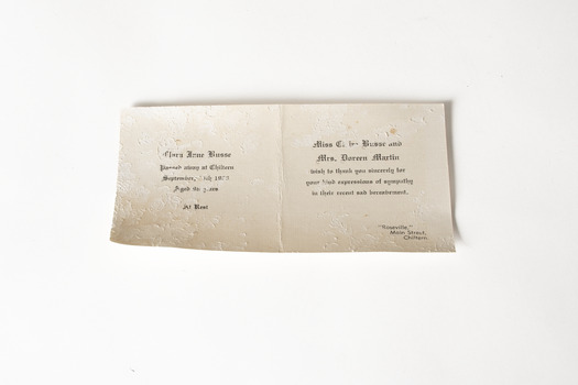 Off white textured sympathy card for the passing of Clara Jane Busse from Miss Claire Busse and Mrs Doreen Martin 