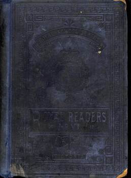 A small well used hardcover school text book of board embossed with dark blue cloth. the corners of the front and back cover are damaged/dogeared; spine - any embossing or print on the spine no longer exists and the cloth is coming away from the spine along the back crease both top and bottom. The outer edge of the  pages have darkened with time. 