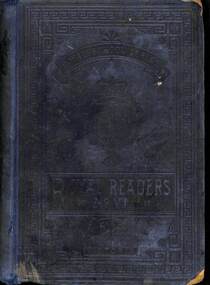 A small well used hardcover school text book of board embossed with dark blue cloth. the corners of the front and back cover are damaged/dogeared; spine - any embossing or print on the spine no longer exists and the cloth is coming away from the spine along the back crease both top and bottom. The outer edge of the  pages have darkened with time. 