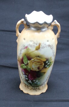 German porcelain Vase - 1890 - duel handled cream vase with hand painted rose design on front and scalloped rim and base - trade mark  ROW. SXE. E.S.  (Provincial Saxony, Erdmann Schlegelmilch)
