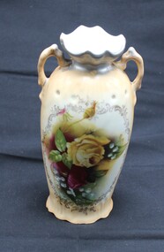 German porcelain Vase - 1890 - duel handled cream vase with hand painted rose design on front and scalloped rim and base - trade mark  ROW. SXE. E.S.  (Provincial Saxony, Erdmann Schlegelmilch)