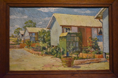 Framed oil painting of one and a bit camp huts.