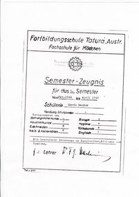 Document - School Report, Gerda Decker School Report 1945, 1945