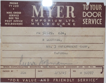 Document - Label, The Myer Emporium Ltd, Melbourne, 1945