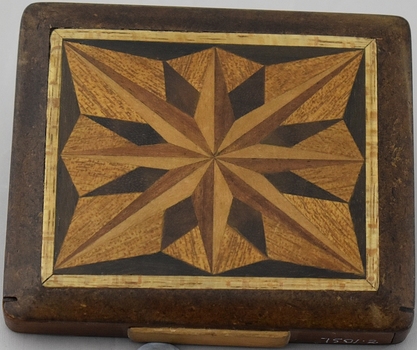 Handmade wooden cigarette box with inlay top and bottom, one corner missing (broken)