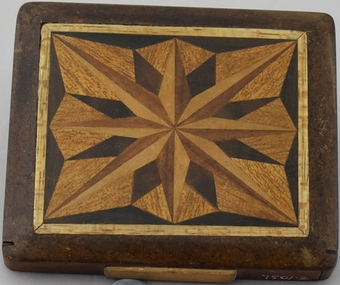 Handmade wooden cigarette box with inlay top and bottom, one corner missing (broken)