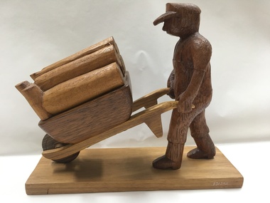 Sculpture - Wood Carving, Kurt Lewinski, Man with Wheelbarrow, 1998
