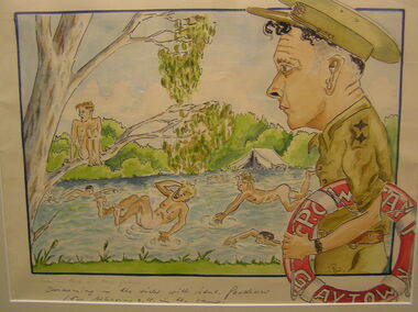 Sketch - Watercolour, Swiming in the river with Lieut. Gardener, 1941/2