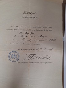 Document - Certificate, Service Medal Certificate Adolf Meyer