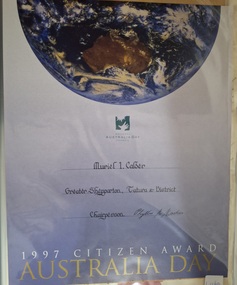 Certificate - 1997 Australia Day Citizen Award,  Muriel Calder.  Framed certificate, 1997 Australia Day Citizen Award,  Muriel Calder.  Gold  Framed Certificate