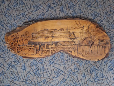 Artwork, other - Plaque - wooden, Plaque wood burned original home, Rodney irrigation trust office, Dr Parks surgery, Mr & Mrs Reillys home, now Tatura Museum