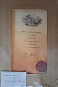 Certificate - Victorian 150th Anniversary Certificate of Thanks. Presented to Errol James Davies by John Cain Premier of Victoria  1986, 150 Year  Anniversary 1986 Certificate
