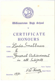 Certificate honours 1970
