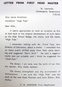 Letter from first Headmaster