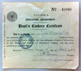Pupil's cookery certificate 1947