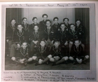 Laminated copy of a black and white photograph of Tasmanian Tour 1951
