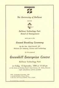 Invitation, Invitation to the ground Breaking ceremony for the Proposed Greenhill Enterprise Centre, 1996, 1996