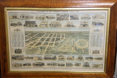 Map - Print in frame - Numurkah Township 1888, Supplement to the "Numurkah Standard" January 1888   View of Numurkah Victoria Australia