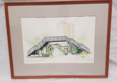 Painting - Water colour painting of Numurkah Railway footbridge & goods shed