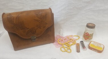 Memorabilia - Leather Bag, Necklace, Coffee Jar, Cough drops container, Jigsaw, Necklaces, Lipstick