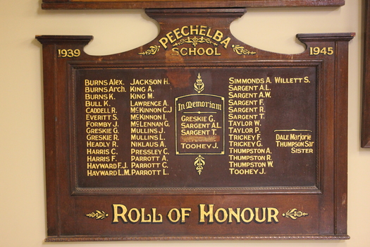 Wooden board with fourth columns of names of those who served.  "Memoriam" list in centre of board with five names, one of which has been scratched out "Taylor. W". 
