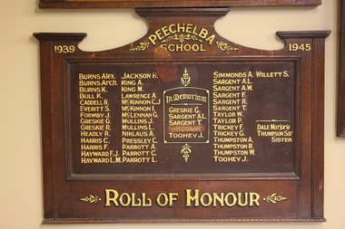 Wooden board with fourth columns of names of those who served.  "Memoriam" list in centre of board with five names, one of which has been scratched out "Taylor. W". 
