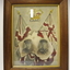 Timber frame containing image of two soldiers within a map of Australia below a crown and two flags.