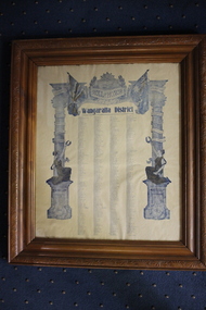Brown timber frame containing document listing four columns of names within two pillars and scrolled heading