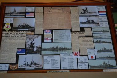 Framed newspaper articles photos and flags