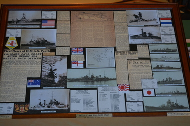 Framed cuttings of newspaper articles,13 photographs  and 7 flags 