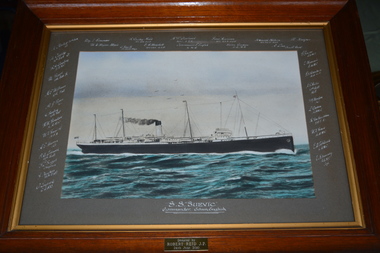 Timber framed print of a ship at sea.  The grey mount has signatures in white paint across the top and sides.