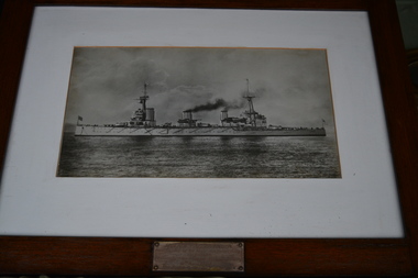 Timber frame of black and white print of a ship at sea.