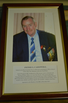 Brown timber look frame inner edge gold painted with photograph of male wearing service medals