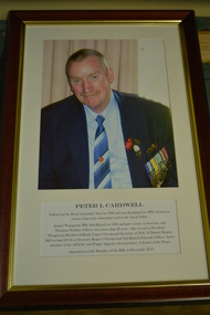Brown timber look frame inner edge gold painted with photograph of male wearing service medals