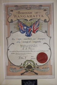 Timber frame containing Borough of Wangaratta certificate of appreciation to Pte Sidney Plum