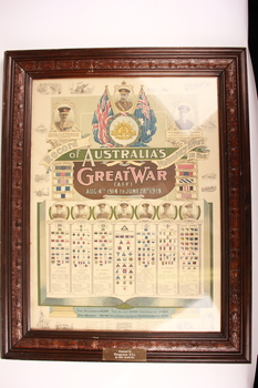 Carved brown timber framed poster of rising sun, two flags and images of Army Commanding Officers, Awards and Badges