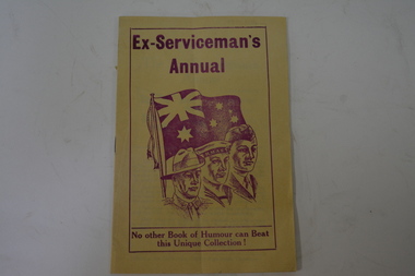 Yellow covered book with maroon coloured writings of images of three servicemen beneath flag of Australia 