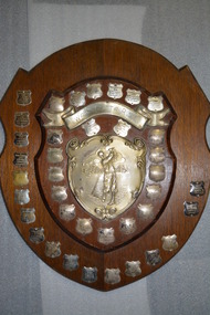 Brown timber shield with silver metal banner and silver cast of golfer mounted on larger timber shield with 38 small metal shields with inscriptions.