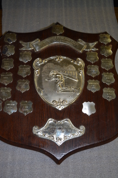 Brown timber shield with large white metal shield in the centre  surrounded by small metal shields
