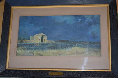 Dark wooden frame of a dark blue coloured print with large cream coloured arched monument in distance.