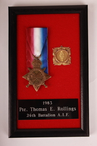 Black timber frame containing bronze coloured star shaped metal medal with red blue and white striped ribbon and a gold-coloured metal badge/medallion.