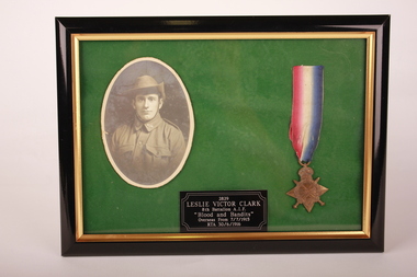 Framed Photo and medal, Leslie V Clark 2829, Unknown