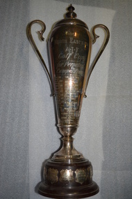 Silver plated trophy with lid and side arms mounted on brown plastic base