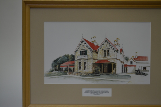 Timber framed print of a two story homestead